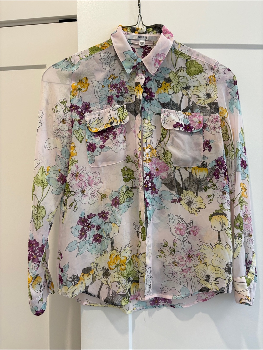 Guess Sheer Floral Button-Up Blouse in Pastel Floral Print
